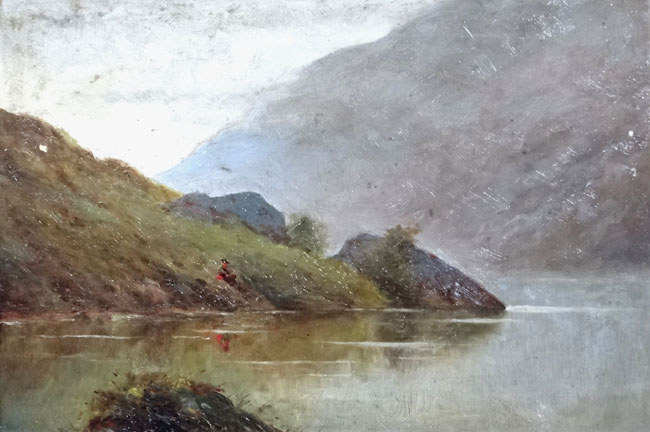 Manner of Alfred De Breanski XIX,
Oil on canvas,
Figure fishing at a Loch,
Indistinct label verso. - Image 2 of 6