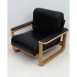 Vintage Retro : a Danish Brune blonde bentwood and black leather open armchair, marked under