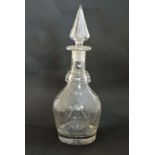 19 thC Decanter : a tall glass decanter with pointed top stopper, cut and rung stem , slice cut