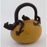 A Chinese YiXing Dragon's Egg handmade zisha clay teapot, the handle and spout formed as a dragon