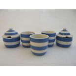 T G Green : 3 items of blue and white banded egg cups together with 3 cruet posts. All marked