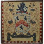 Heraldic Coat of Arms on a silk flag / banner: depicting a lion rampant above a shield with 3