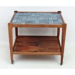 Vintage Retro : a rosewood? Trolley with ceramic tile-top inlay , under-tier shelf and casters on