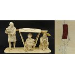 Okimono : A Meiji ivory carving of a Yama - Kago ( Japanese Sedan / Mountain chair, a litter )