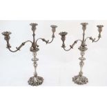 A pair of table candelabra with cast C-scroll, acanthus and fruiting vine decoration 19" high