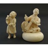 2 19thC Japanese ivory okimonos one depicting a man sweeping,  the other depicting a  man holding