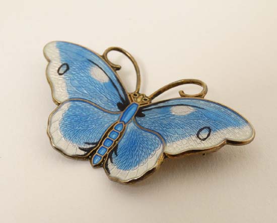 Norwegian Silver : A silver gilt brooch formed as a butterfly with guilloché enamel decoration. - Image 3 of 4