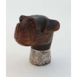 A carved wooden stick / cane  top in the form of a dogs head with glass eyes, with hallmarked silver