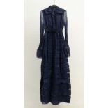 Vintage Retro ladies floor length navy organza dress with lace trim and faux pearl button detail