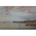 R. Cooper XIX,
Watercolour,
Figures on a shore with shipping beyond,
Signed to rowing boat lower