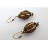 Mourning jewellery, a pair of gilt metal melon shaped drop earrings with platted woven / lattice