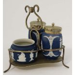 A 19thC Adams Tunstall, England blue Jasperware cruet set on silver plate base with silver plate