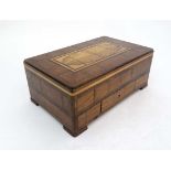 Dressing Table box : an inlaid walnut box hinged in the middle , opening to reveal a cloth lined