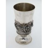 A 19thC silver plate pedestal chalice with profuse swag and rams head detail, acanthus and floral