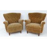 Vintage Retro : a pair of Danish low back upholstered armchairs with stripped covering and line