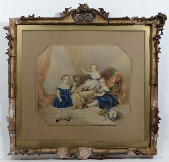 Emily Scott (active 1826-1860),
Watercolour,
Three children with a parrot and cage, showwood - Image 5 of 8