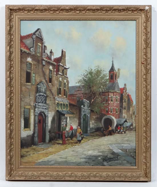 Helen Hoeven. Early XX Dutch,
Oil on canvas,
A Dutch street scene with figures,
Signed lower