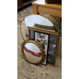 Quantity of assorted pictures and mirrors ( including an exterior convex road mirror)  CONDITION: