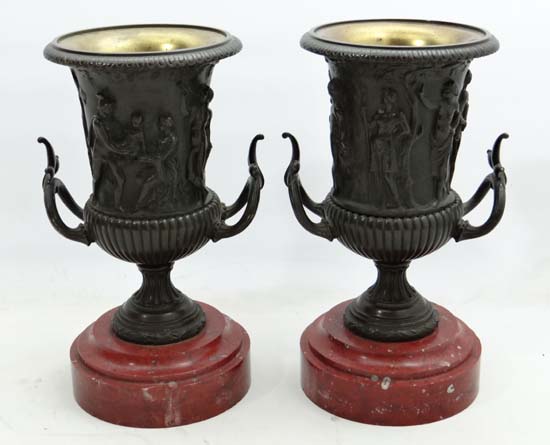 Claude Michel Clodion (1738-1814), A pair of Patinated bronze campana urns depicting classical - Image 6 of 6