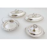 Assorted silver plated wares comprising a pair of entree dishes,  2 sectional serving dish and