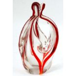 Retro Art Glass : A clear and red swirl glass basket / dish of stylised form . Approx 7" high