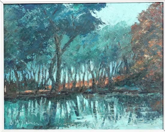 E M Holman XX,
Pallet Knife oil on board,
' The Pond ',
Signed lower left and with titled artist's - Image 2 of 4