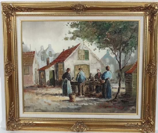 Indistinctly signed XX Continental School 
Oil on canvas, 
Figures in a village,
Signed lower