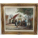 Indistinctly signed XX Continental School 
Oil on canvas, 
Figures in a village,
Signed lower