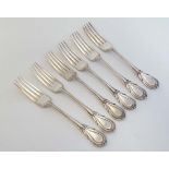 A set of six Lily pattern silver plated dessert forks by Walker & Hall. 7 1/4" long  CONDITION:
