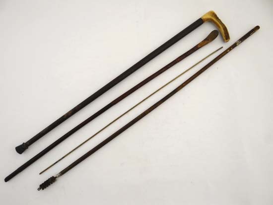 A brass beer barrel measure, Antler handled walking stick, bamboo walking stick and a Parker Hale