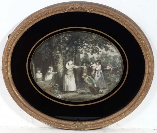 After George Morland (1763-1804)
Coloured Mezzotint ovals circa 1800 with Verre eglomise mount and - Image 4 of 5