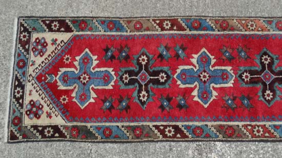 Rug / Carpet : a  Caucasion Runner with Latch-Hook  design and 8 pointed star decoration , with - Image 2 of 6