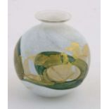 Isle of Wight Glass : a  ' Golden Peacock ' globular vase with Malachite and Gold colours, 2 3/4"