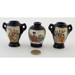 A group of 3 hand painted miniature Japanese satsuma vases, cobalt blue bodies with gilt detail