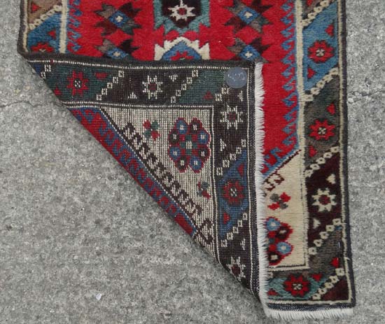 Rug / Carpet : a  Caucasion Runner with Latch-Hook  design and 8 pointed star decoration , with - Image 3 of 6