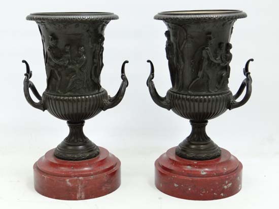 Claude Michel Clodion (1738-1814), A pair of Patinated bronze campana urns depicting classical - Image 5 of 6