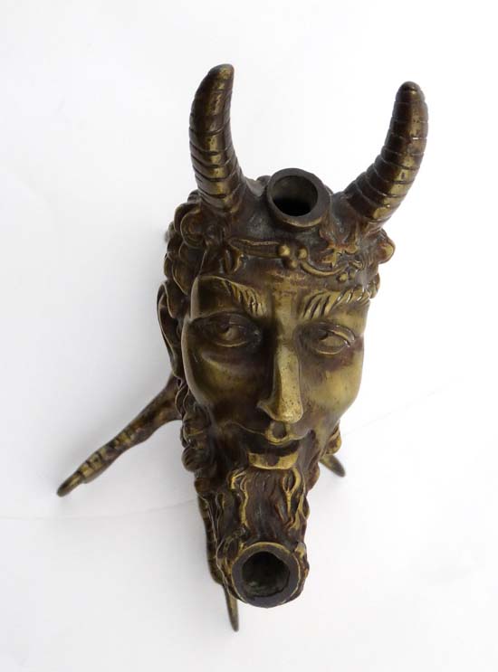 A 19thC classical bronze formed as a pedestal oil lamp in the 17thC style , a satyr head upon a - Image 2 of 6