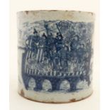 A large Chinese blue and white brush pot. Decorated with images of soldiers and a figure on