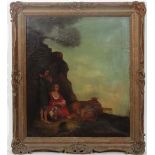 Early XIX English Naive School, 
Oil on canvas, 
Shepherds and Sheep by a rocky outcrop,