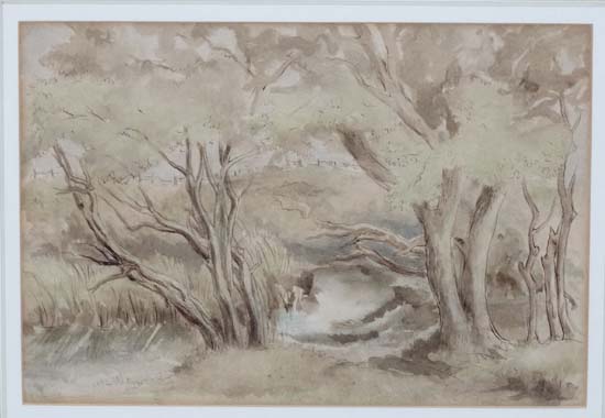 Frank W Francis Carter (1870-1933),
Pen ink and wash on Whatman like paper,
Stream winding through - Image 3 of 3