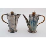 Walker and Hall : Silver plate Cafe au Lait pots with wooden knops and woven handles. Marked under 7