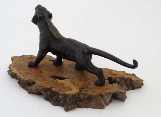 A Japanese Meji bronze sculpture - a model of a striped tiger with glass eyes. Signed under. 9 3/ - Image 4 of 6