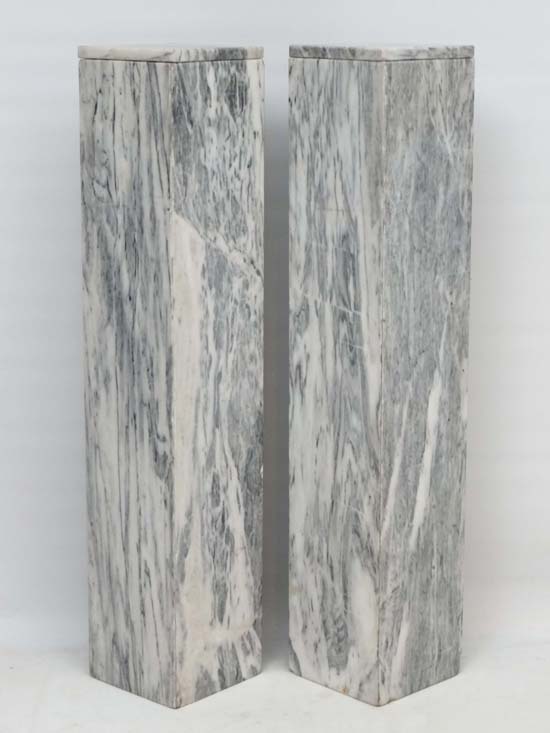 A pair of 20thC contemporary grey veined marble squared plinths with removable squared tops, each - Image 2 of 3