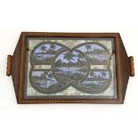 A Brazilian hardwood inlaid 2-handled tray with butterfly wing decoration and 5 images of Rio de