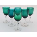 6 c.1900 glasses having green glass bowls and clear facet cut stems and feet, 5 1/8" high