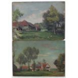 W Rowe 1915,
A pair of oil on panels,
A farmstead and a house in Hampshire landscape,
One signed