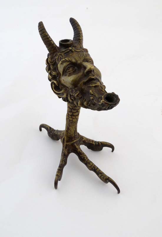 A 19thC classical bronze formed as a pedestal oil lamp in the 17thC style , a satyr head upon a - Image 3 of 6