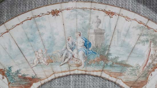 19 thC French Fan : 26 sectional hand painted coloured watercolour and greyscale fan with gilt - Image 3 of 4