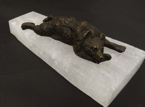 A patinated bronze figure of a recumbent bear upon a rock crystal base. 9" long  CONDITION: Please - Image 2 of 7