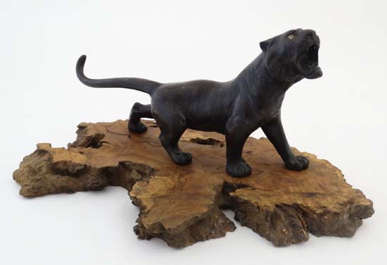 A Japanese Meji bronze sculpture - a model of a striped tiger with glass eyes. Signed under. 9 3/ - Image 3 of 6